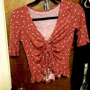 Xs red orange And white polka dot drawstring front tie top